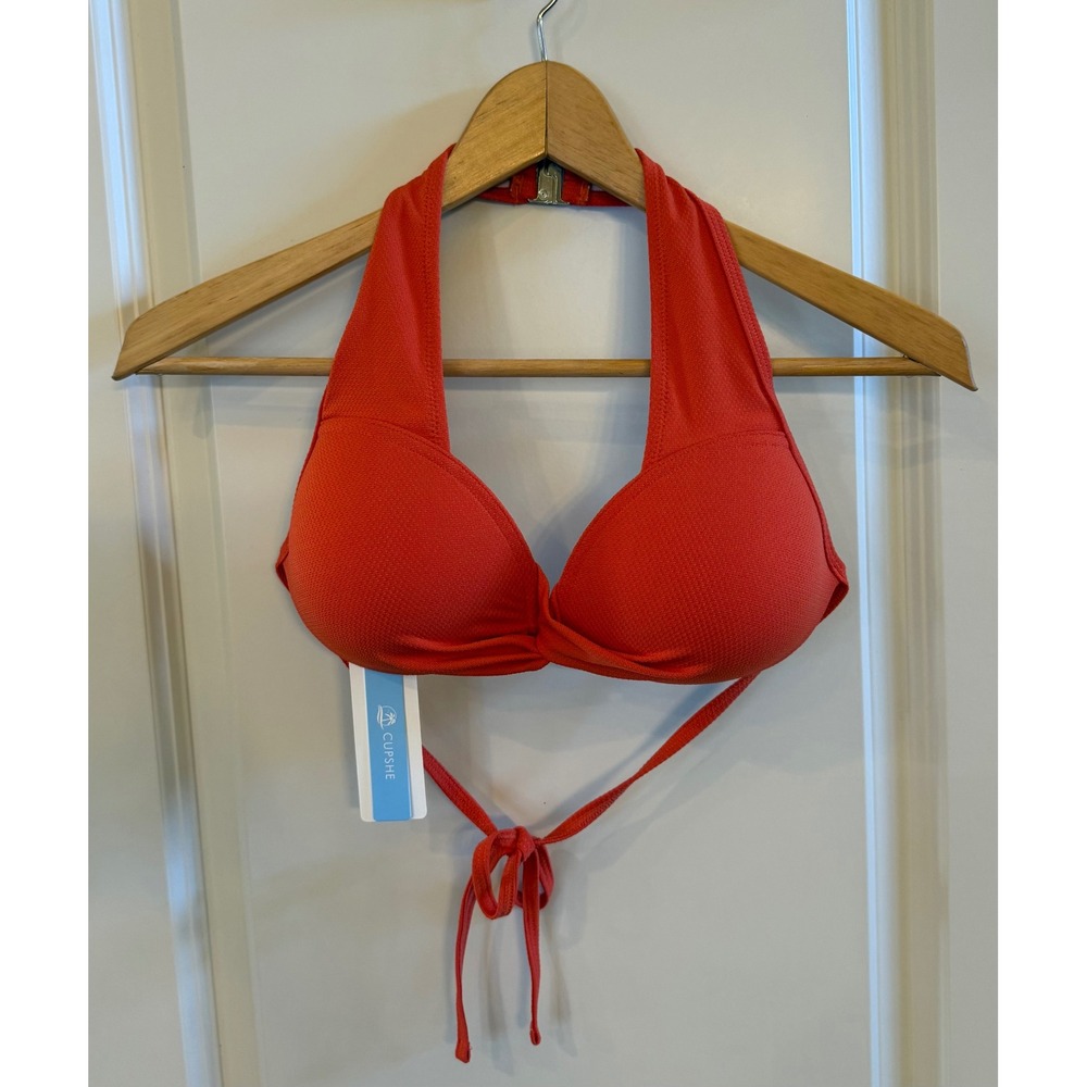 Cupshe Women's NWT Orange Red Textured Halter Bikini Swim Top Twist Front Size L